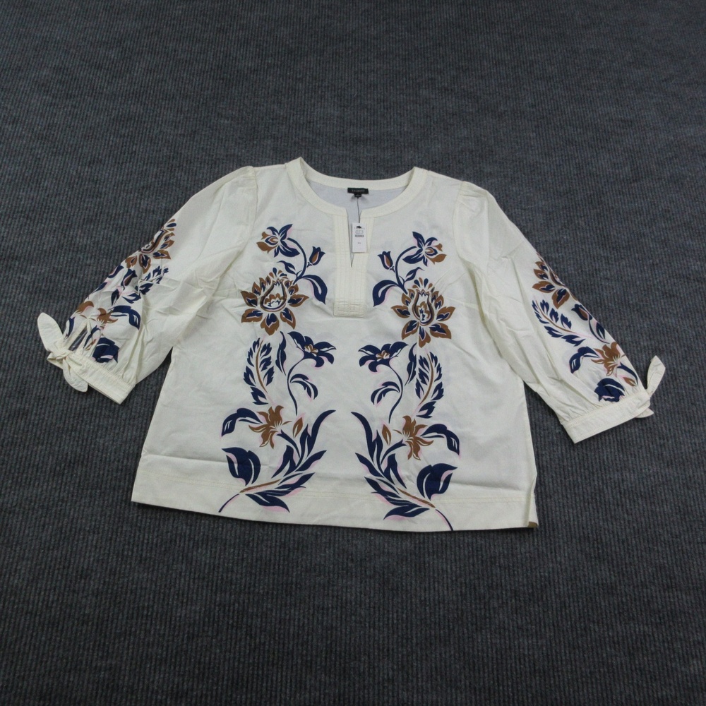 Talbots Blouse Womens XL Off-White Floral Tie Tunic 3/4 Sleeve 100% Cotton NWT